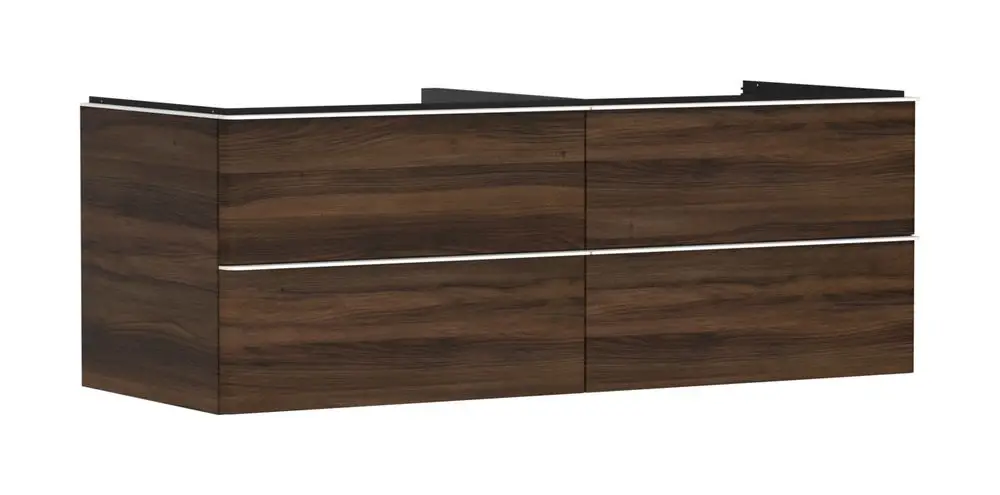 Waschtischunterschrank in dunkler Holzoptik mit vier Schubkästen. Eignet sich für einen Aufsatzwaschtisch. Produkt von Hansgrohe.